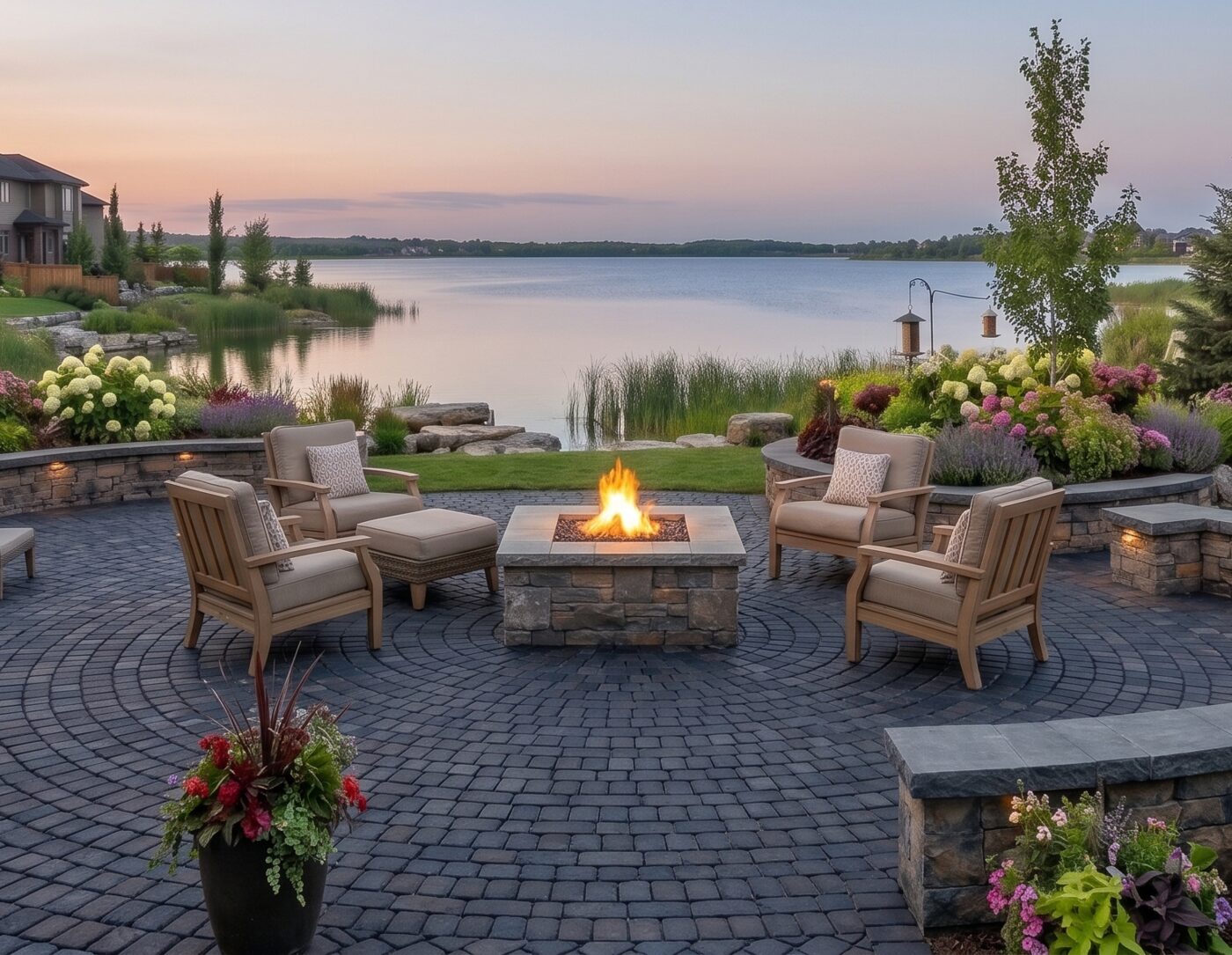 A lakeside Edmonton patio with a stone fire pit and seat walls at dusk